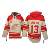 Detroit Red Wings ＃13 Men's Pavel Datsyuk Old Time Hockey Authentic Cream Sawyer Hooded Sweatshirt Jersey