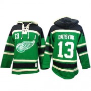 Detroit Red Wings ＃13 Men's Pavel Datsyuk Old Time Hockey Authentic Green St. Patrick's Day McNary Lace Hoodie Jersey