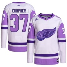 Detroit Red Wings Youth J.T. Compher Adidas Authentic White/Purple Hockey Fights Cancer Primegreen Jersey