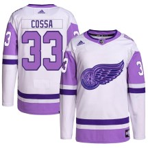 Detroit Red Wings Youth Sebastian Cossa Adidas Authentic White/Purple Hockey Fights Cancer Primegreen Jersey