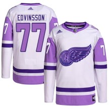 Detroit Red Wings Youth Simon Edvinsson Adidas Authentic White/Purple Hockey Fights Cancer Primegreen Jersey