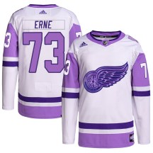Detroit Red Wings Youth Adam Erne Adidas Authentic White/Purple Hockey Fights Cancer Primegreen Jersey