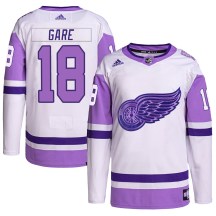 Detroit Red Wings Youth Danny Gare Adidas Authentic White/Purple Hockey Fights Cancer Primegreen Jersey