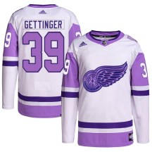 Detroit Red Wings Youth Tim Gettinger Adidas Authentic White/Purple Hockey Fights Cancer Primegreen Jersey