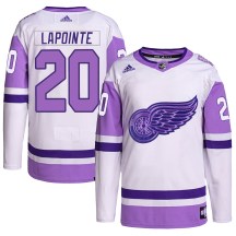 Detroit Red Wings Youth Martin Lapointe Adidas Authentic White/Purple Hockey Fights Cancer Primegreen Jersey