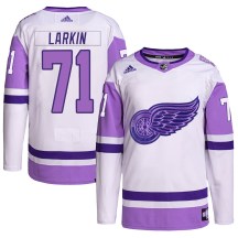 Detroit Red Wings Youth Dylan Larkin Adidas Authentic White/Purple Hockey Fights Cancer Primegreen Jersey
