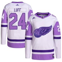 Detroit Red Wings Youth Matt Luff Adidas Authentic White/Purple Hockey Fights Cancer Primegreen Jersey