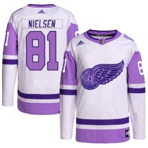 Detroit Red Wings Youth Frans Nielsen Adidas Authentic White/Purple Hockey Fights Cancer Primegreen Jersey
