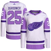 Detroit Red Wings Youth John Ogrodnick Adidas Authentic White/Purple Hockey Fights Cancer Primegreen Jersey
