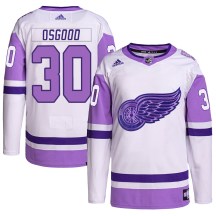 Detroit Red Wings Youth Chris Osgood Adidas Authentic White/Purple Hockey Fights Cancer Primegreen Jersey