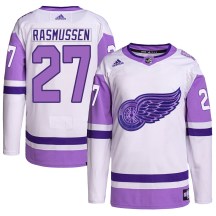 Detroit Red Wings Youth Michael Rasmussen Adidas Authentic White/Purple Hockey Fights Cancer Primegreen Jersey