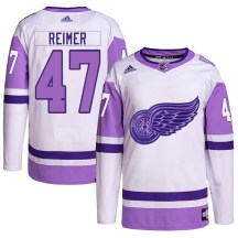 Detroit Red Wings Youth James Reimer Adidas Authentic White/Purple Hockey Fights Cancer Primegreen Jersey