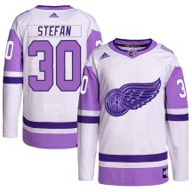 Detroit Red Wings Youth Greg Stefan Adidas Authentic White/Purple Hockey Fights Cancer Primegreen Jersey