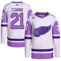 Detroit Red Wings Men's Austin Czarnik Adidas Authentic White/Purple Hockey Fights Cancer Primegreen Jersey