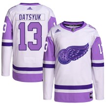 Detroit Red Wings Men's Pavel Datsyuk Adidas Authentic White/Purple Hockey Fights Cancer Primegreen Jersey