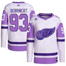 Detroit Red Wings Men's Alex DeBrincat Adidas Authentic White/Purple Hockey Fights Cancer Primegreen Jersey