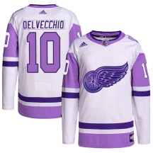 Detroit Red Wings Men's Alex Delvecchio Adidas Authentic White/Purple Hockey Fights Cancer Primegreen Jersey