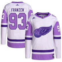 Detroit Red Wings Men's Johan Franzen Adidas Authentic White/Purple Hockey Fights Cancer Primegreen Jersey