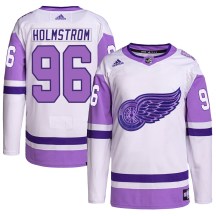 Detroit Red Wings Men's Tomas Holmstrom Adidas Authentic White/Purple Hockey Fights Cancer Primegreen Jersey