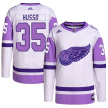 Detroit Red Wings Men's Ville Husso Adidas Authentic White/Purple Hockey Fights Cancer Primegreen Jersey