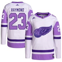 Detroit Red Wings Men's Lucas Raymond Adidas Authentic White/Purple Hockey Fights Cancer Primegreen Jersey