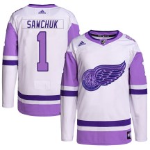 Detroit Red Wings Men's Terry Sawchuk Adidas Authentic White/Purple Hockey Fights Cancer Primegreen Jersey
