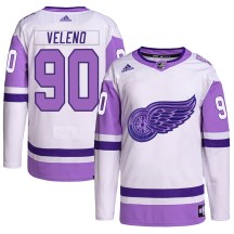 Detroit Red Wings Men's Joe Veleno Adidas Authentic White/Purple Hockey Fights Cancer Primegreen Jersey