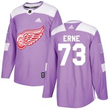 Detroit Red Wings Men's Adam Erne Adidas Authentic Purple Hockey Fights Cancer Practice Jersey