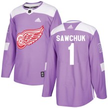 Detroit Red Wings Men's Terry Sawchuk Adidas Authentic Purple Hockey Fights Cancer Practice Jersey