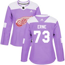 Detroit Red Wings Women's Adam Erne Adidas Authentic Purple Hockey Fights Cancer Practice Jersey