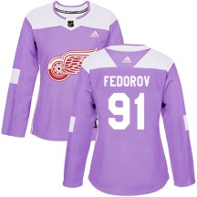 Detroit Red Wings Women's Sergei Fedorov Adidas Authentic Purple Hockey Fights Cancer Practice Jersey