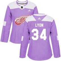 Detroit Red Wings Women's Alex Lyon Adidas Authentic Purple Hockey Fights Cancer Practice Jersey