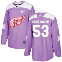 Detroit Red Wings Youth Dennis Cholowski Adidas Authentic Purple Hockey Fights Cancer Practice Jersey